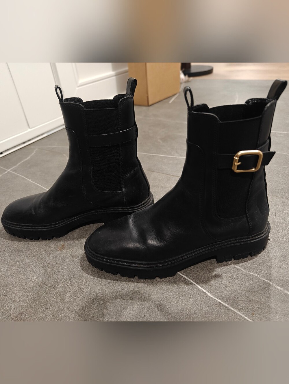 Zara Black Leather Chelsea Boots with Buckle